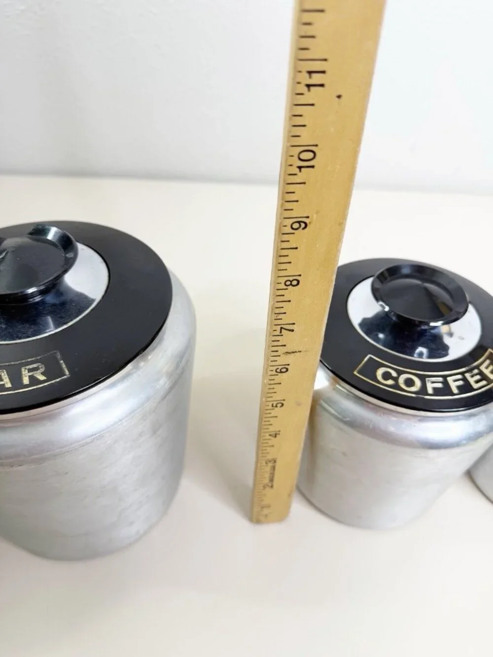 Vintage Kromex Aluminum Canister Set of 4 Flour Sugar Coffee Tea Black Lids EUC